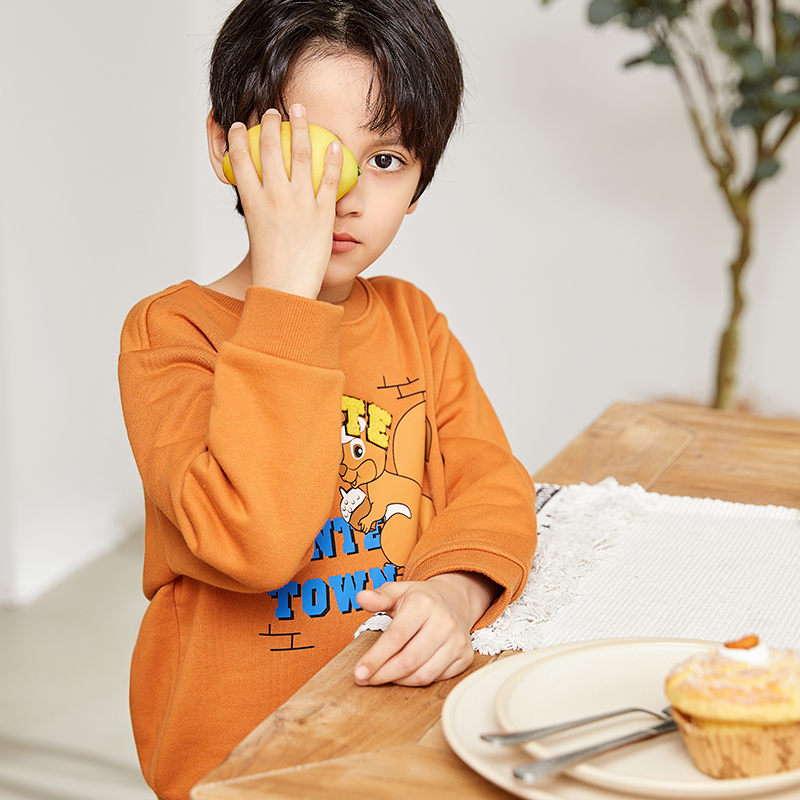 Karamelfarbenes Rundhals-Langarm-Grafikdesign-Sweatshirt für Jungen