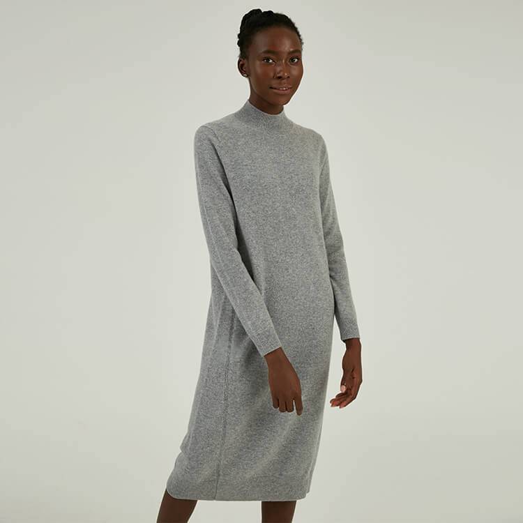Maßgeschneidertes Damen-Midi-Strickpullover-Kleid mit halbem Rollkragen aus Wolle