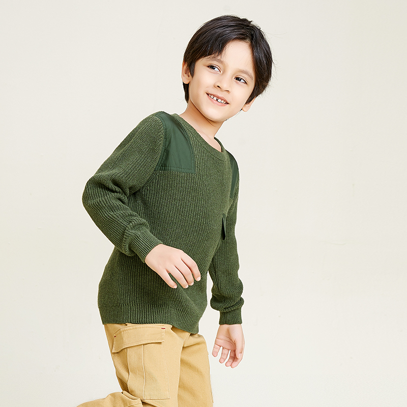 Langarm-Strickpullover mit Rundhalsausschnitt für Jungen Grüner Taschenpullover