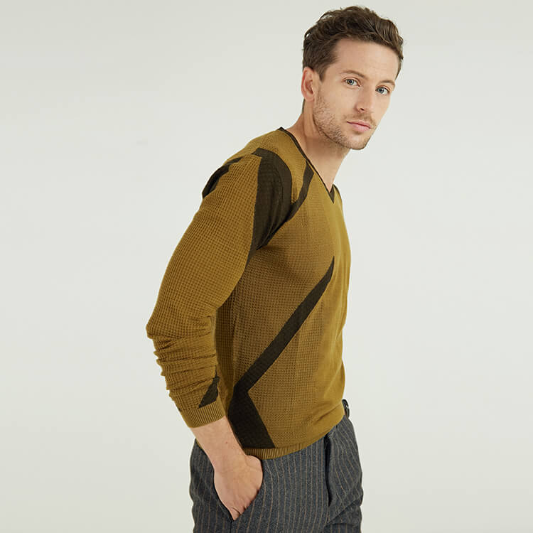 V-Ausschnitt, gestrickter, einfacher Kontrastfarben-Patchwork-Langarm-Pullover für Herren
