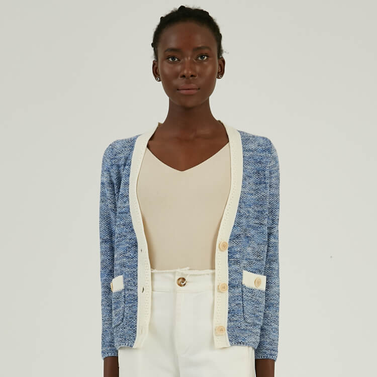 Benutzerdefinierte 100% Baumwolle Button Up Cropped Tweed Strickjacke Jacke für Frauen