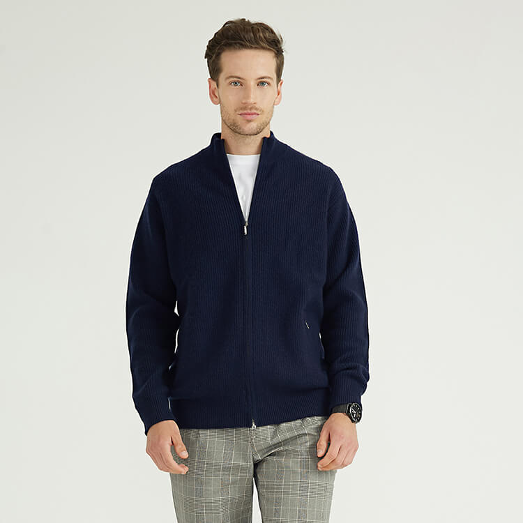 Benutzerdefinierte Mens 100 % Wolle Full Zip Up Marineblau Rippstrick Cardigan Jacke