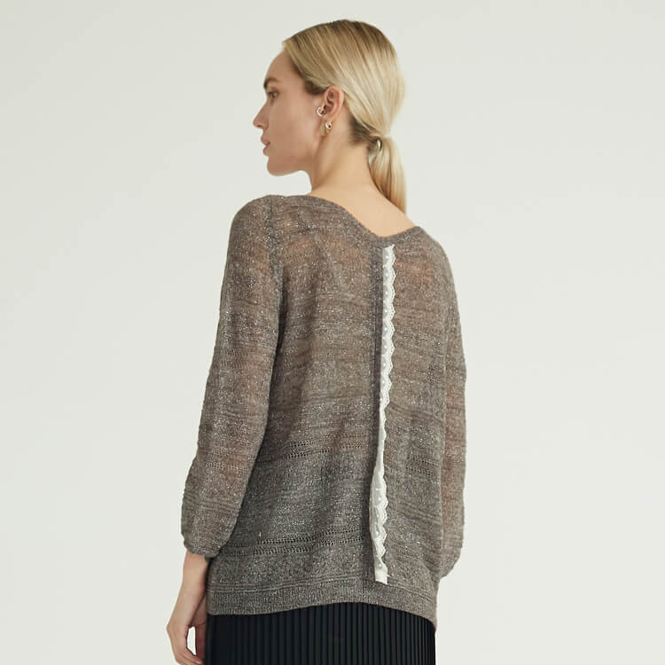 Frühlings- und Sommer-Tüll-Rücken-Spitzendesign-Strickpullover-Pullover für Frauen